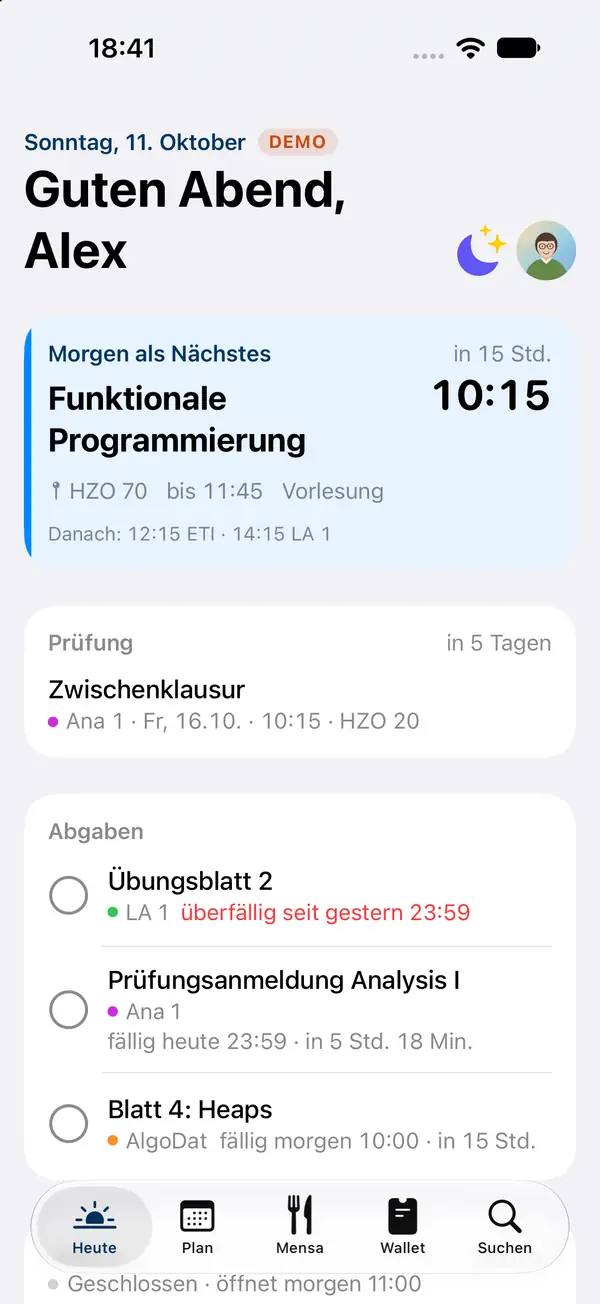 RMI auf dem iPhone: der Heute-Bildschirm mit nächster Vorlesung, Prüfung und Abgaben (Demo-Daten)