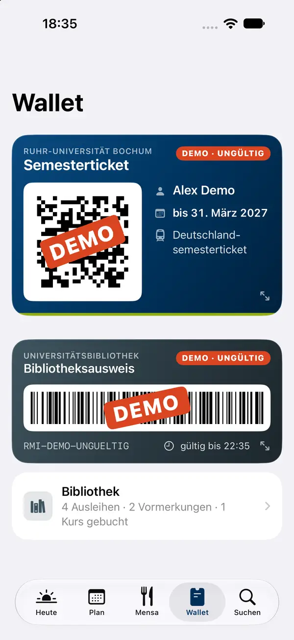 Wallet: Semesterticket und Bibliotheksausweis, als DEMO markiert